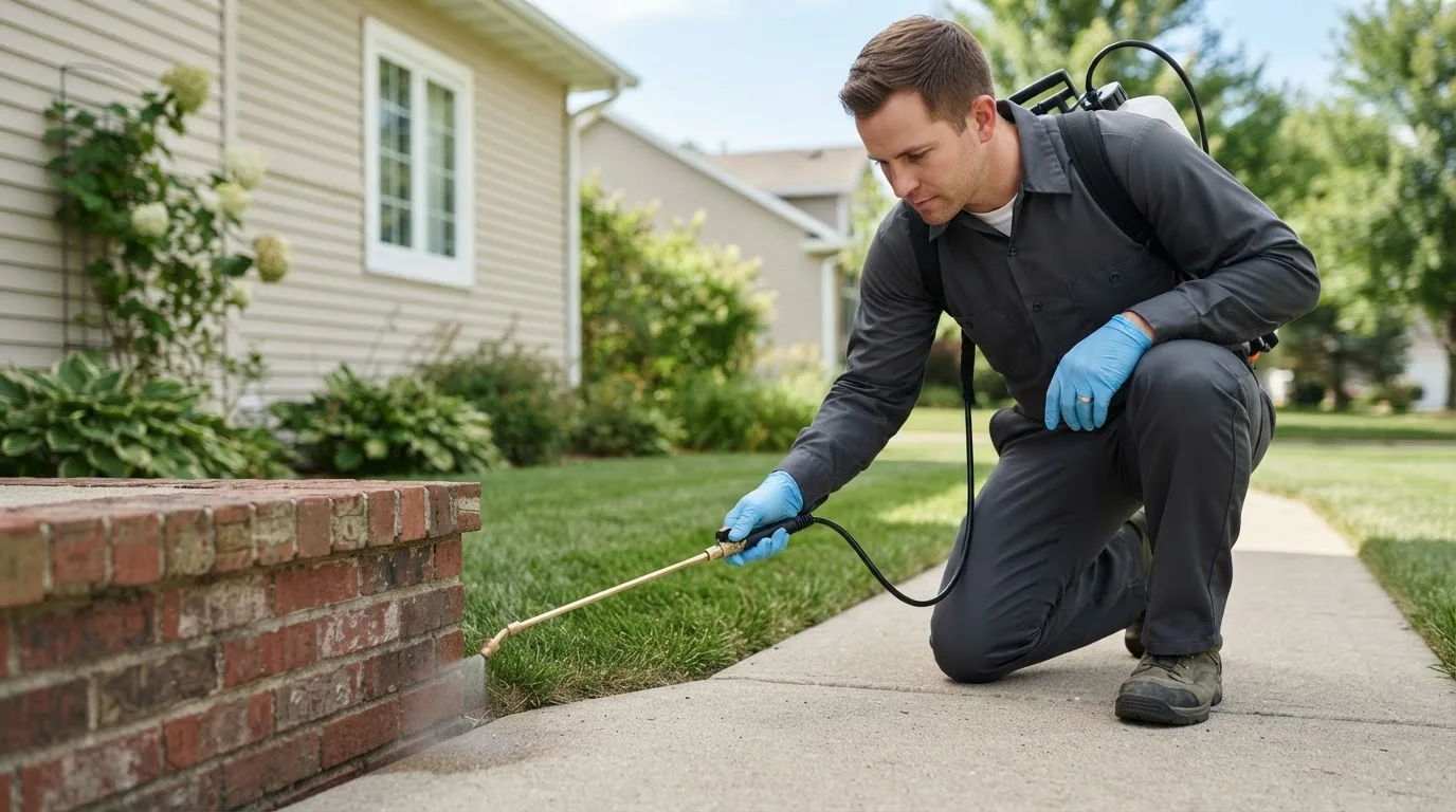 Pest control technician treating a home near Muskogee, OK