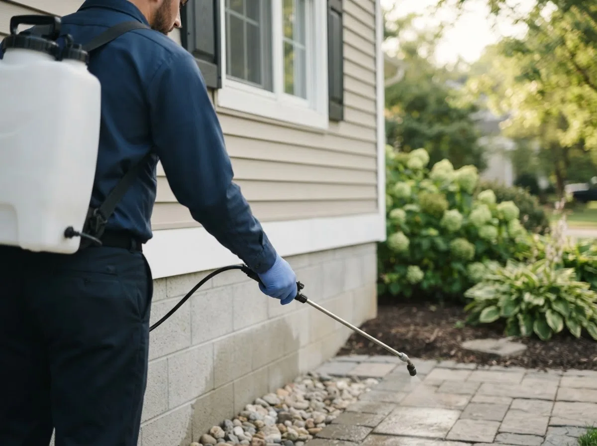 Pest control technician inspecting a home in Muskogee, OK